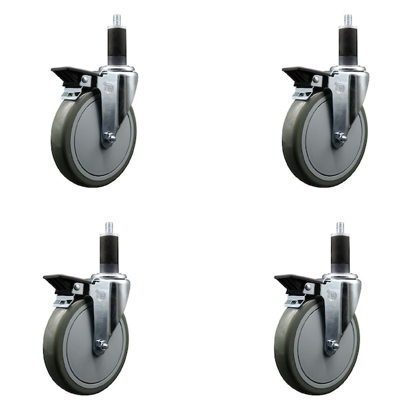 6'' Gray Poly Swivel 1-1/4'' Expanding Stem Caster Set with Brake, 4PK